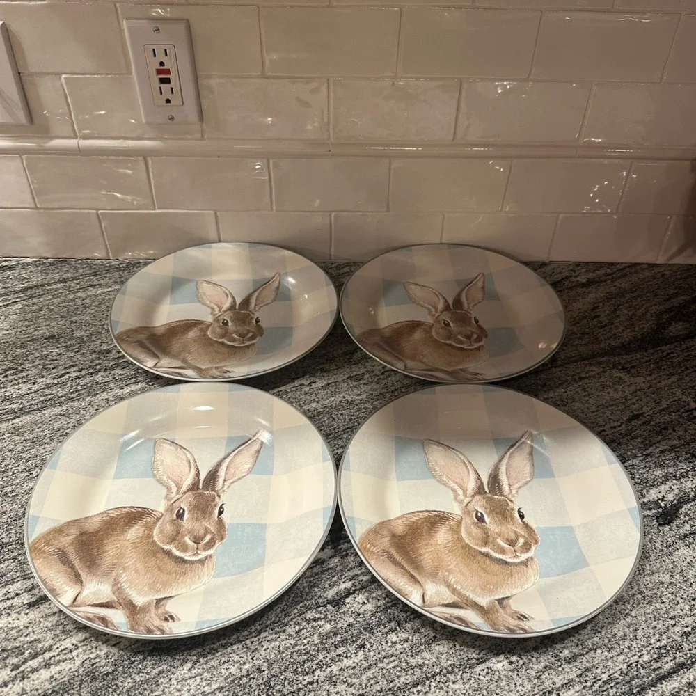 4 WILLIAMS SONOMA DAMASK BUNNY DINNER PLATES